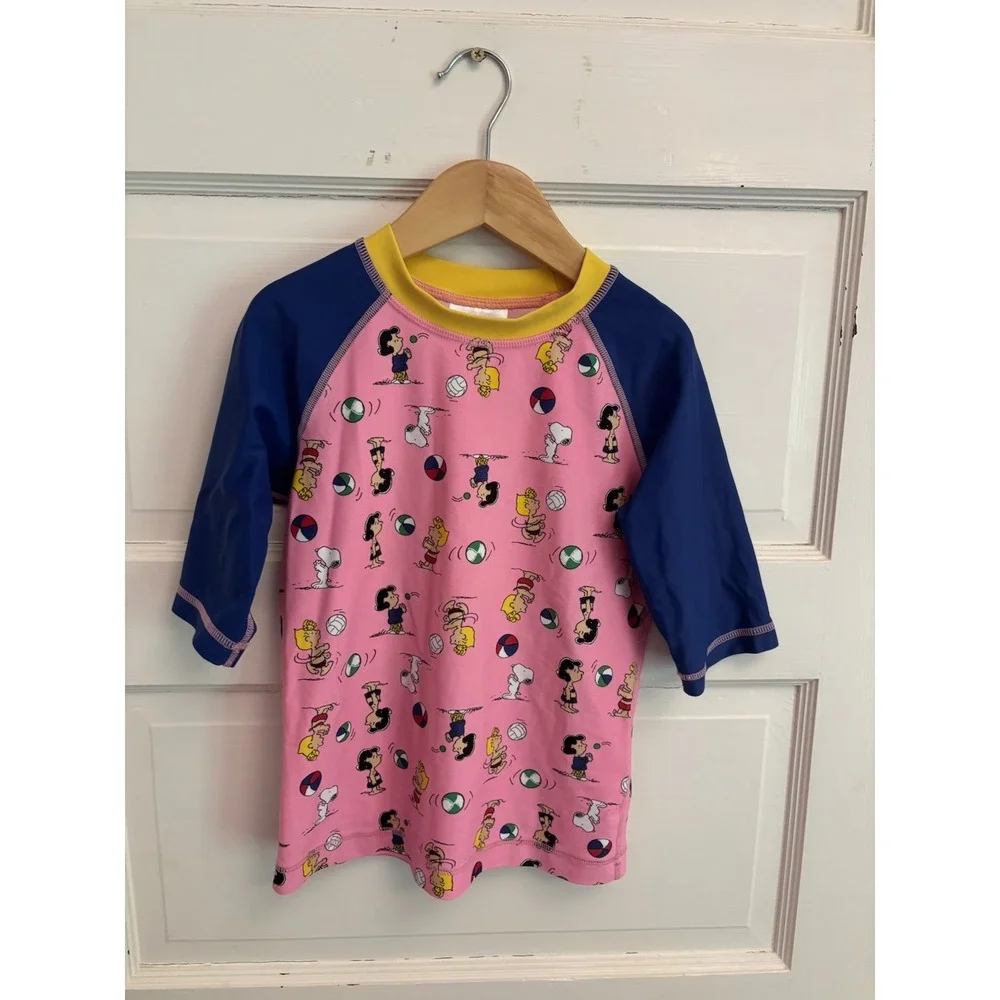 Hanna Andersson Kids Pink Swim Rash Guard Top Snoopy Peanuts 1/2 Sleeve 130cm 8‎